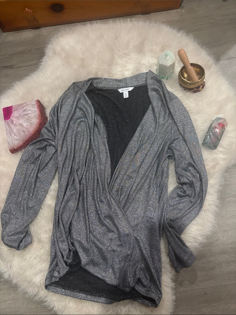 Nine West Metallic Silver Draped Wrap Top